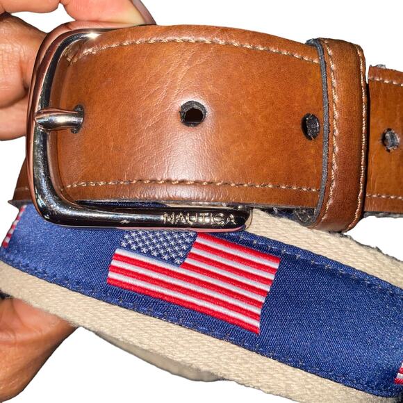 Nautica KCH Woven Ribbon Overlay USA Flag Print Synthetic Leather size 32/80 - Picture 8 of 8